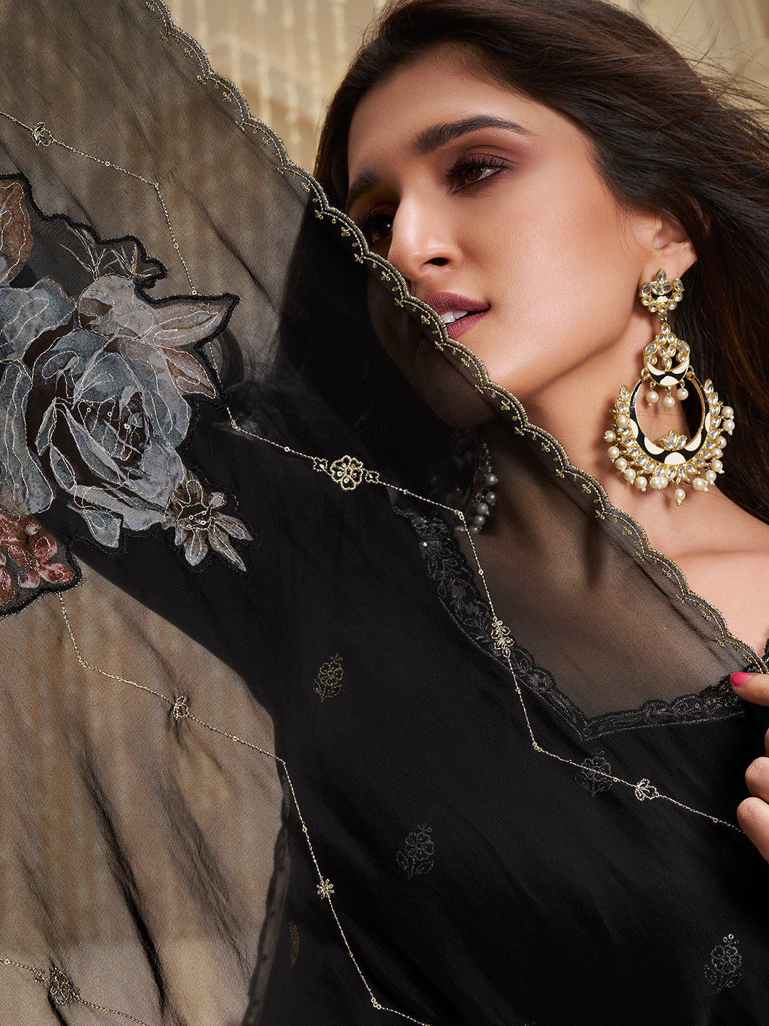 Black Cutwork Neckline Dola Silk Kurta Suit Set with Floral Aplique Dupatta by Qivii