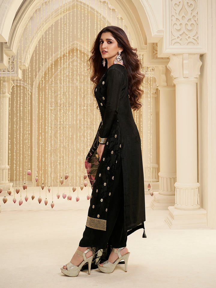 Black Dola Silk Ethnic Jacquard Suit Set by Qivii