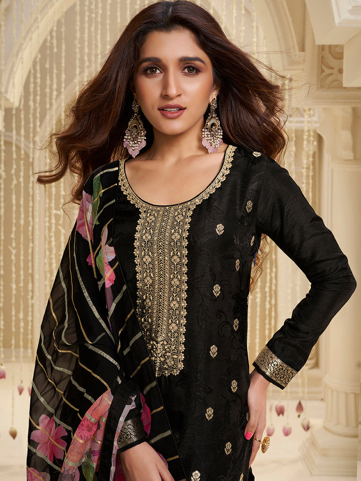 Black Dola Silk Ethnic Jacquard Suit Set by Qivii