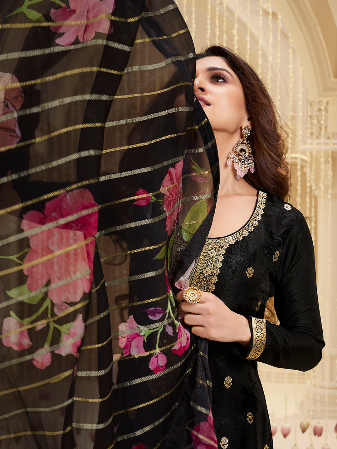 Black Dola Ethic Motifs Jacquard Kurta Suit Set - qivii
