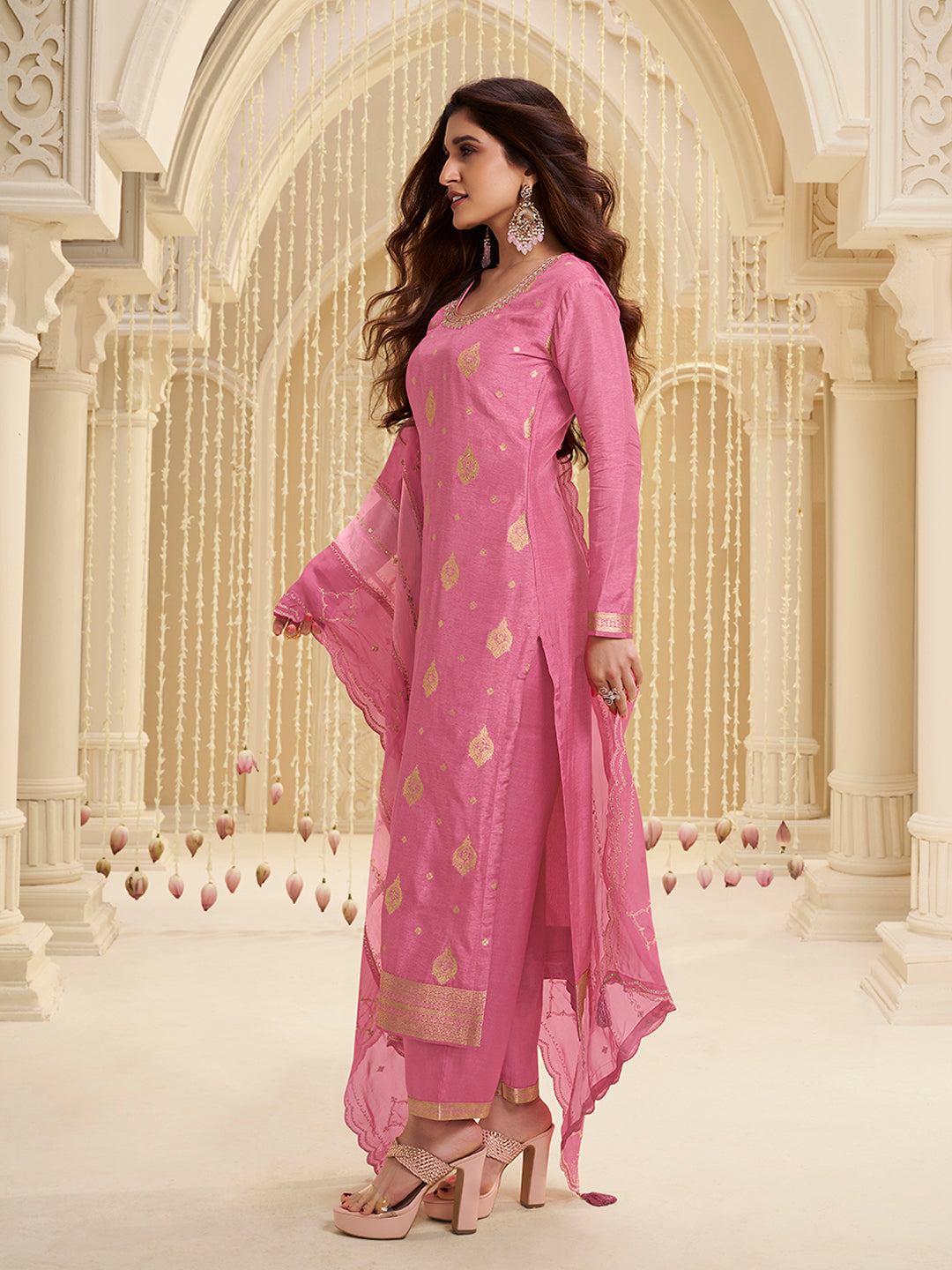 Pink Dola Ethic Motifs Jacquard with Embroidered Kurta Suit Set. by Qivii