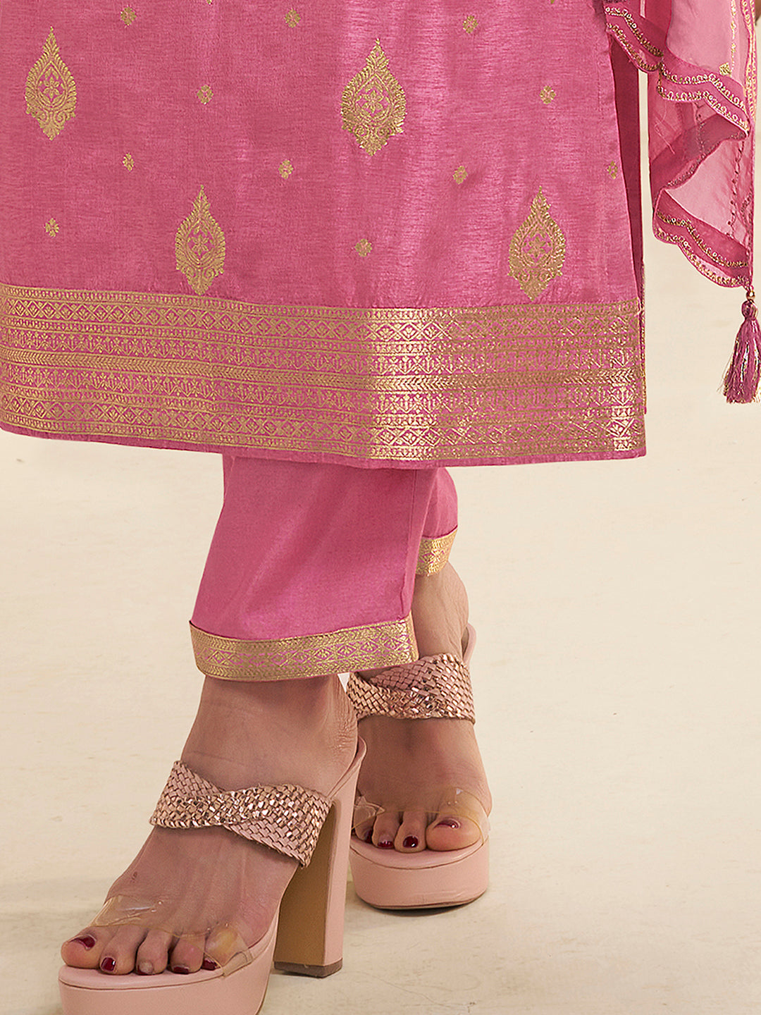 Pink Dola Ethic Motifs Jacquard with Embroidered Kurta Suit Set. by Qivii