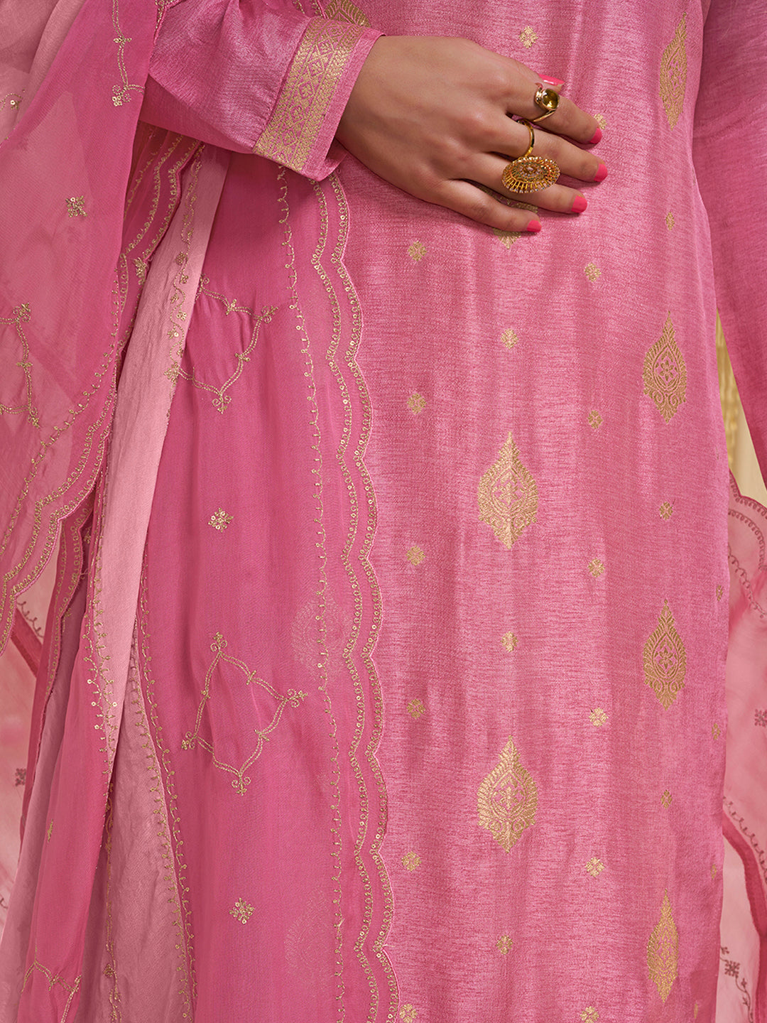 Pink Dola Ethic Motifs Jacquard with Embroidered Kurta Suit Set. by Qivii