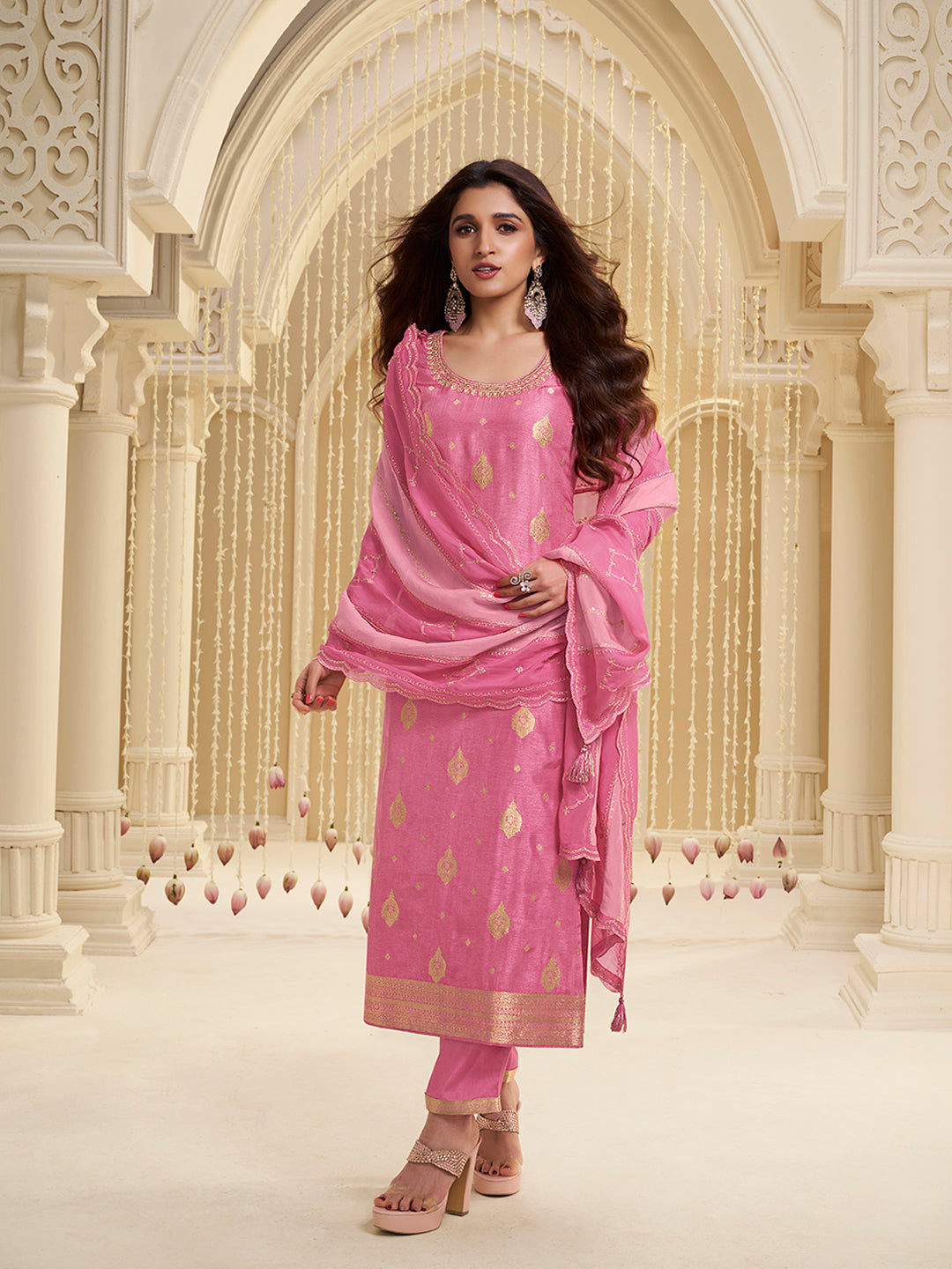 Pink Dola Ethic Motifs Jacquard with Embroidered Kurta Suit Set. by Qivii