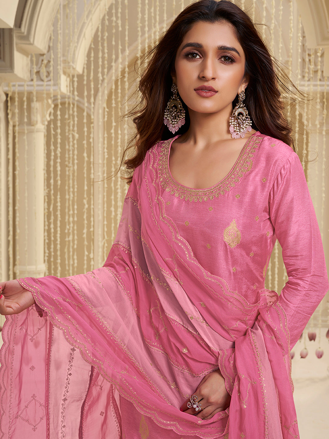 Pink Dola Ethic Motifs Jacquard with Embroidered Kurta Suit Set. - qivii