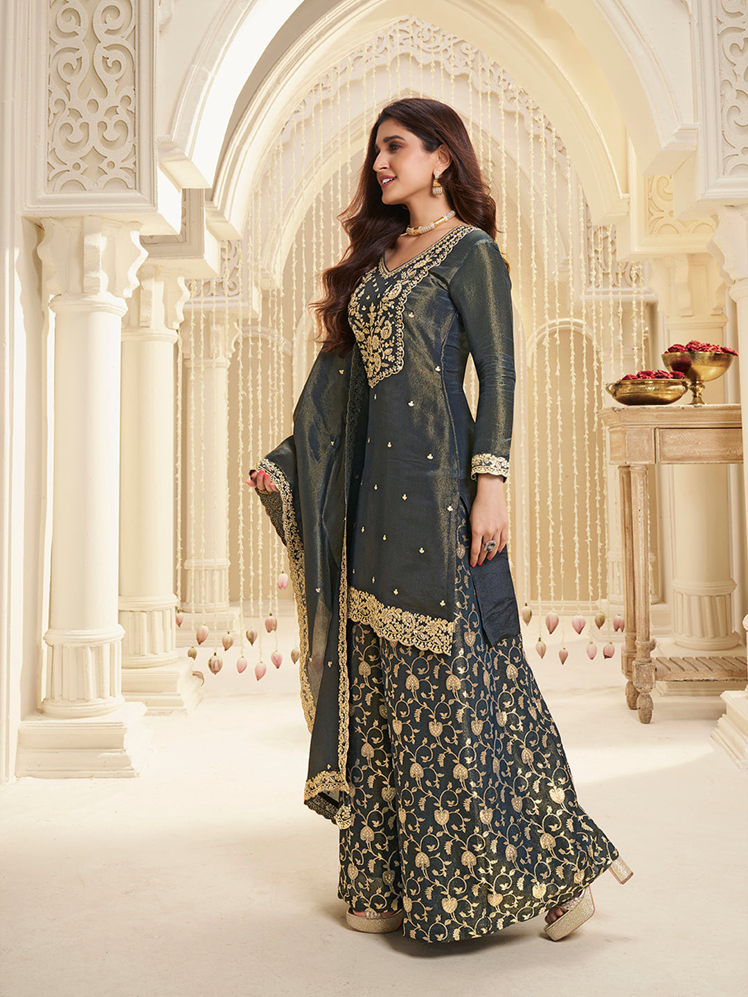 Blue Viscose Tissue with Pitta work Sharara Suit Set by Qivii