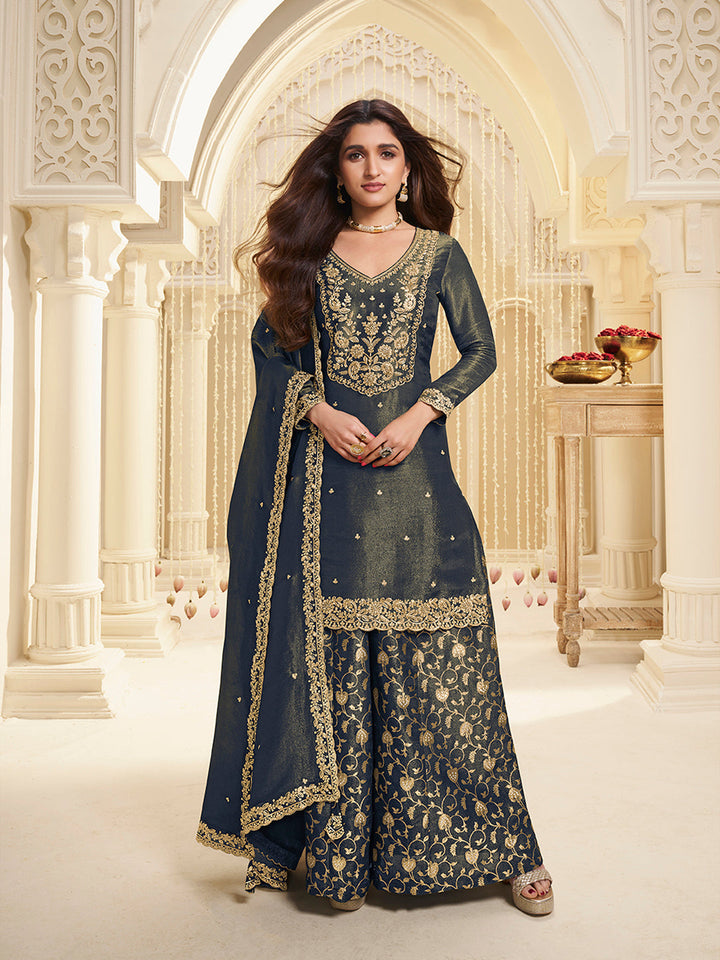 Blue Viscose Tissue with Pitta work Sharara Suit Set by Qivii