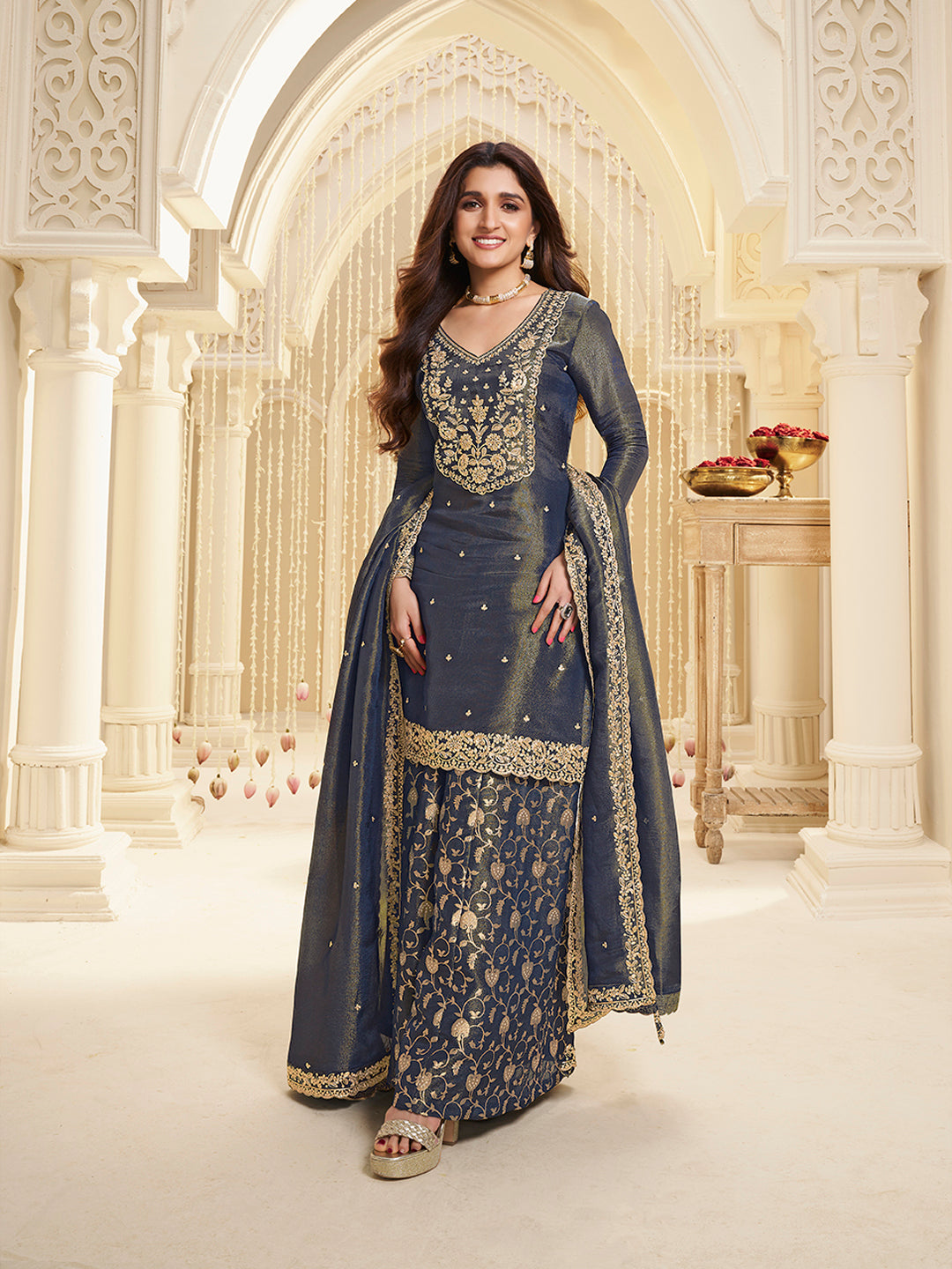 Blue Viscose Tissue with Pitta work Sharara Suit Set by Qivii