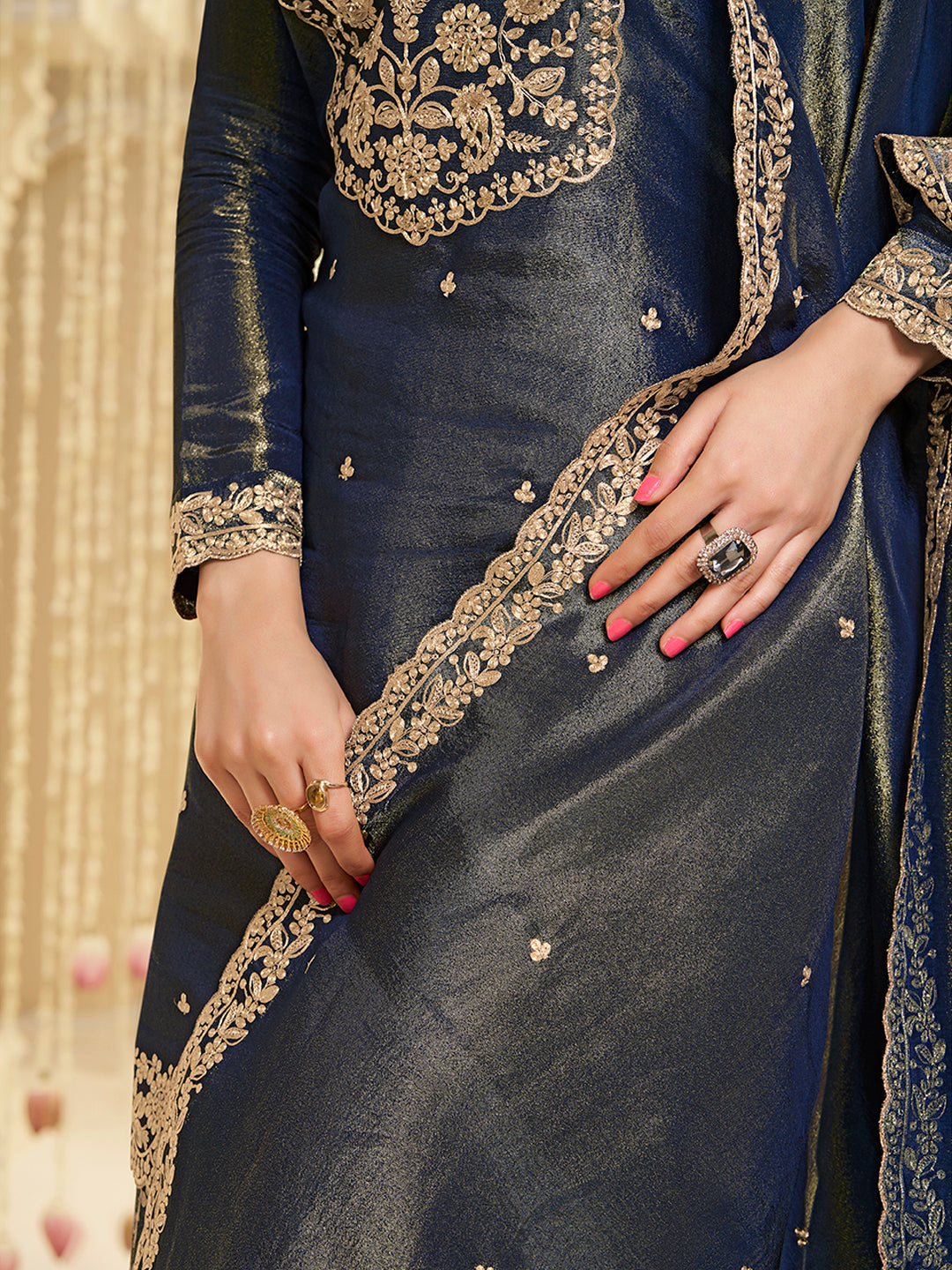 Blue Viscose Tissue with Pitta work Sharara Suit Set by Qivii