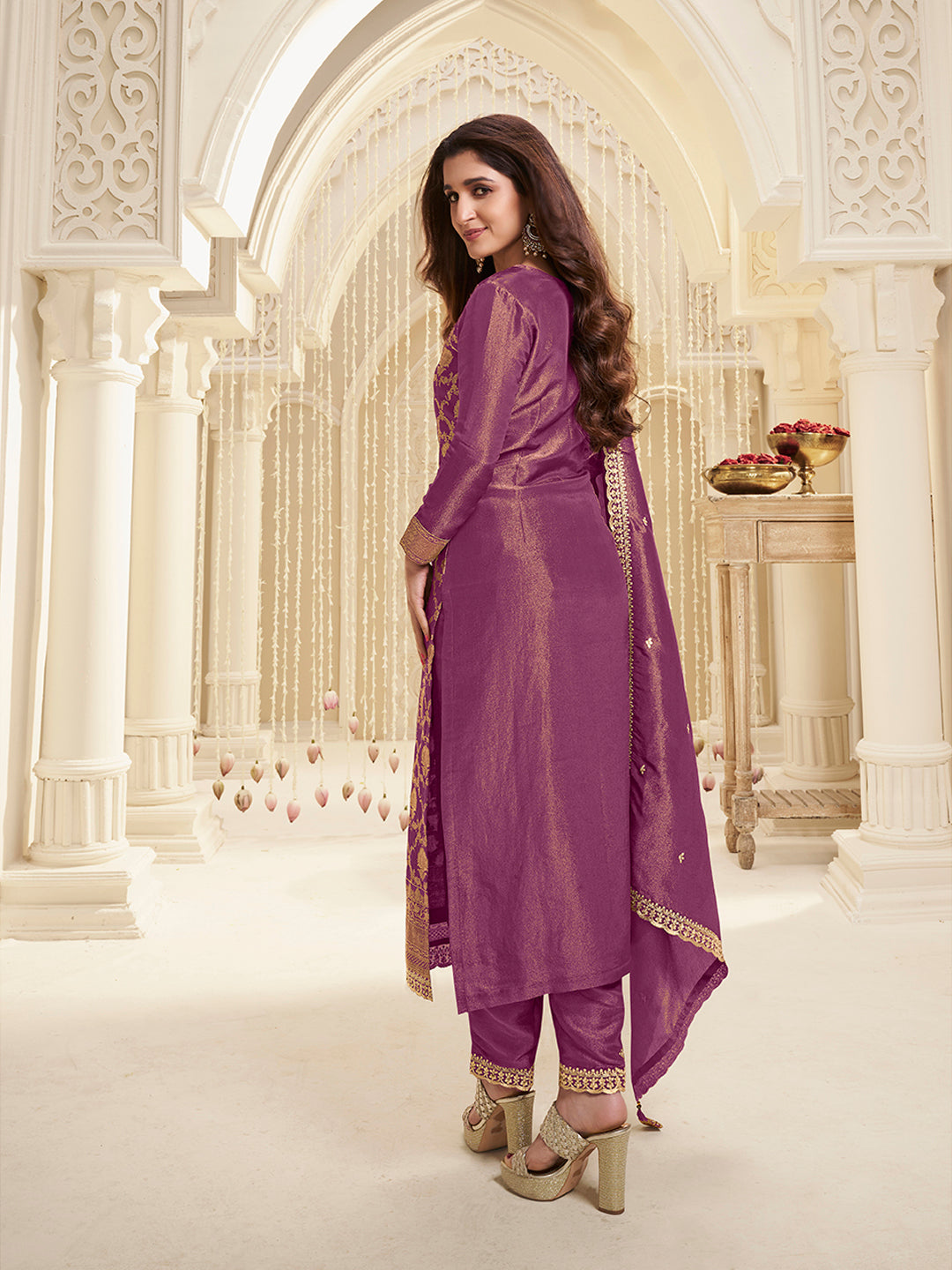 Purple Tissue Shimmer Jacquard Kurta Suit Set by Qivii