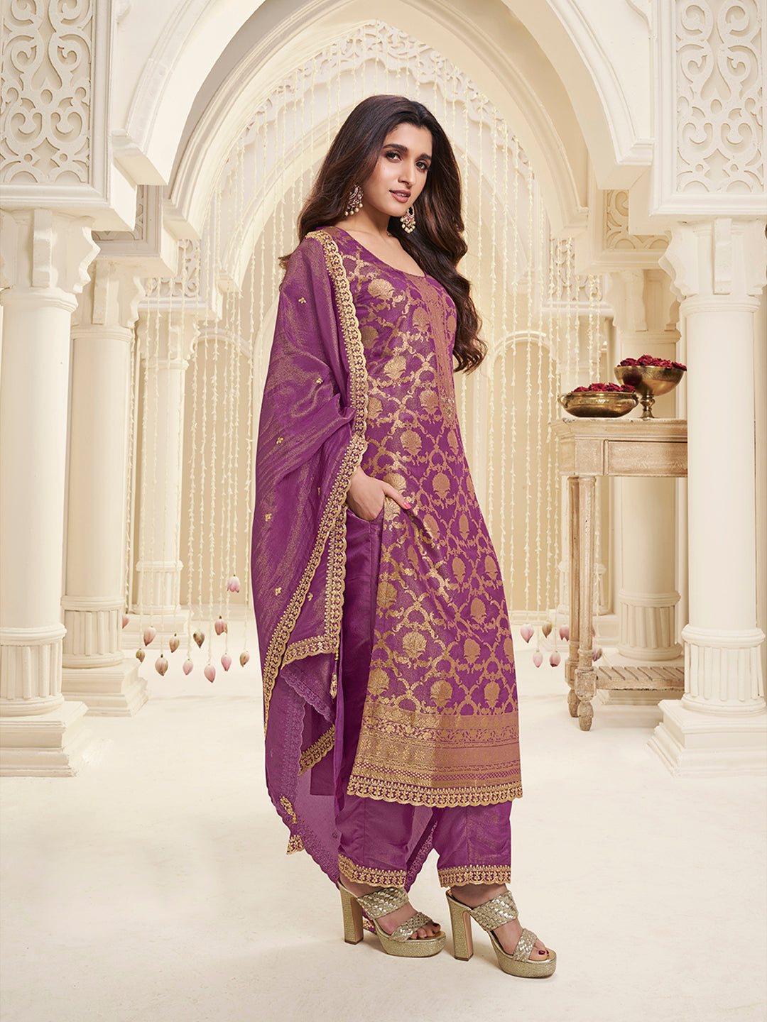 Purple Tissue Shimmer Jacquard Kurta Suit Set by Qivii