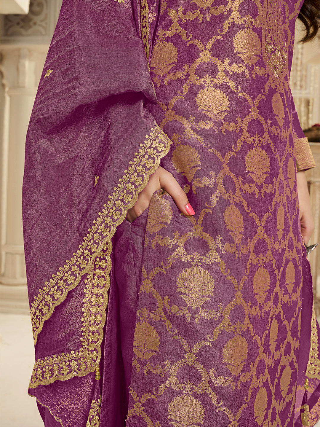 Purple Tissue Shimmer Jacquard Kurta Suit Set by Qivii