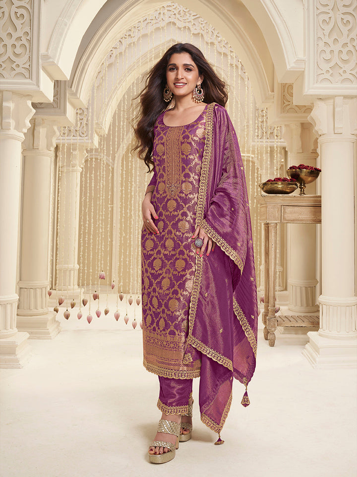 Purple Tissue Shimmer Jacquard Kurta Suit Set by Qivii