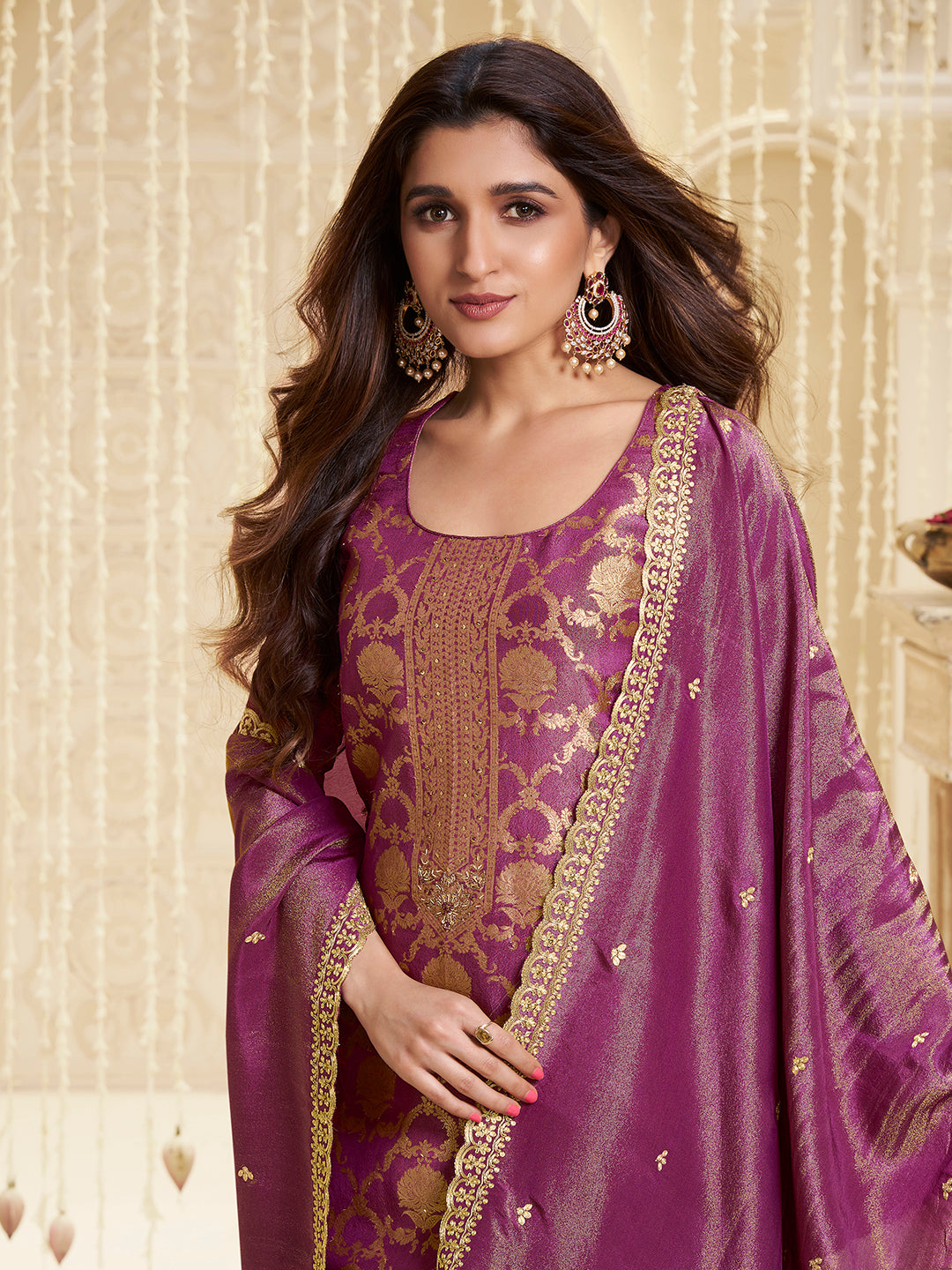 Purple Tissue Shimmer Jacquard Kurta Suit Set by Qivii