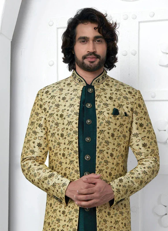 Men's Beige Green Jacquard Silk Embroidery Indo Western Set