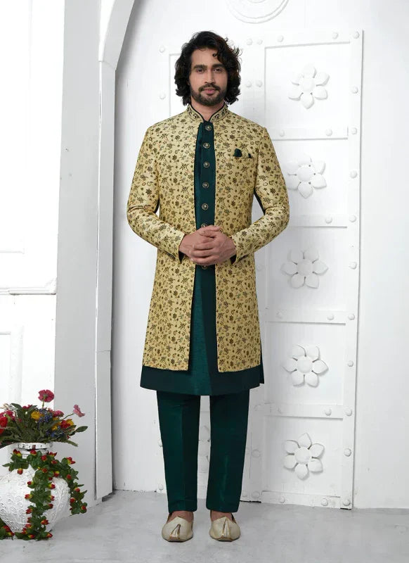 Men's Beige Green Jacquard Silk Embroidery Indo Western Set