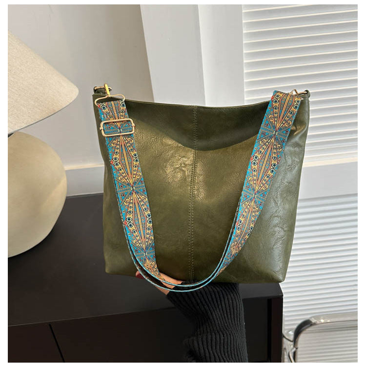 Women's Convertible Crossbody Bucket — Monochrome PU Carryall with Artisan-Embroidered Strap
