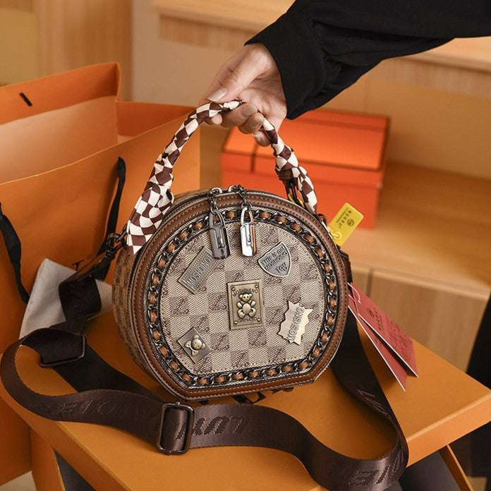 Women's Retro Textured Round Bag – Vintage Crossbody with Detachable Charm & Scarf, Versatile Top Handle & Adjustable Strap
