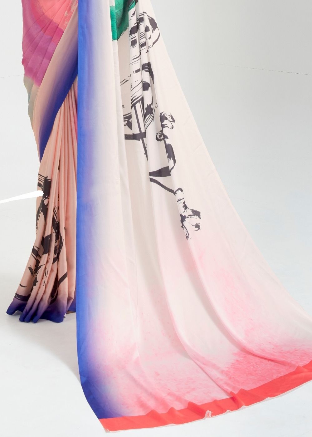 Baby Pink Satin Silk Digital Printed Saree - qivii
