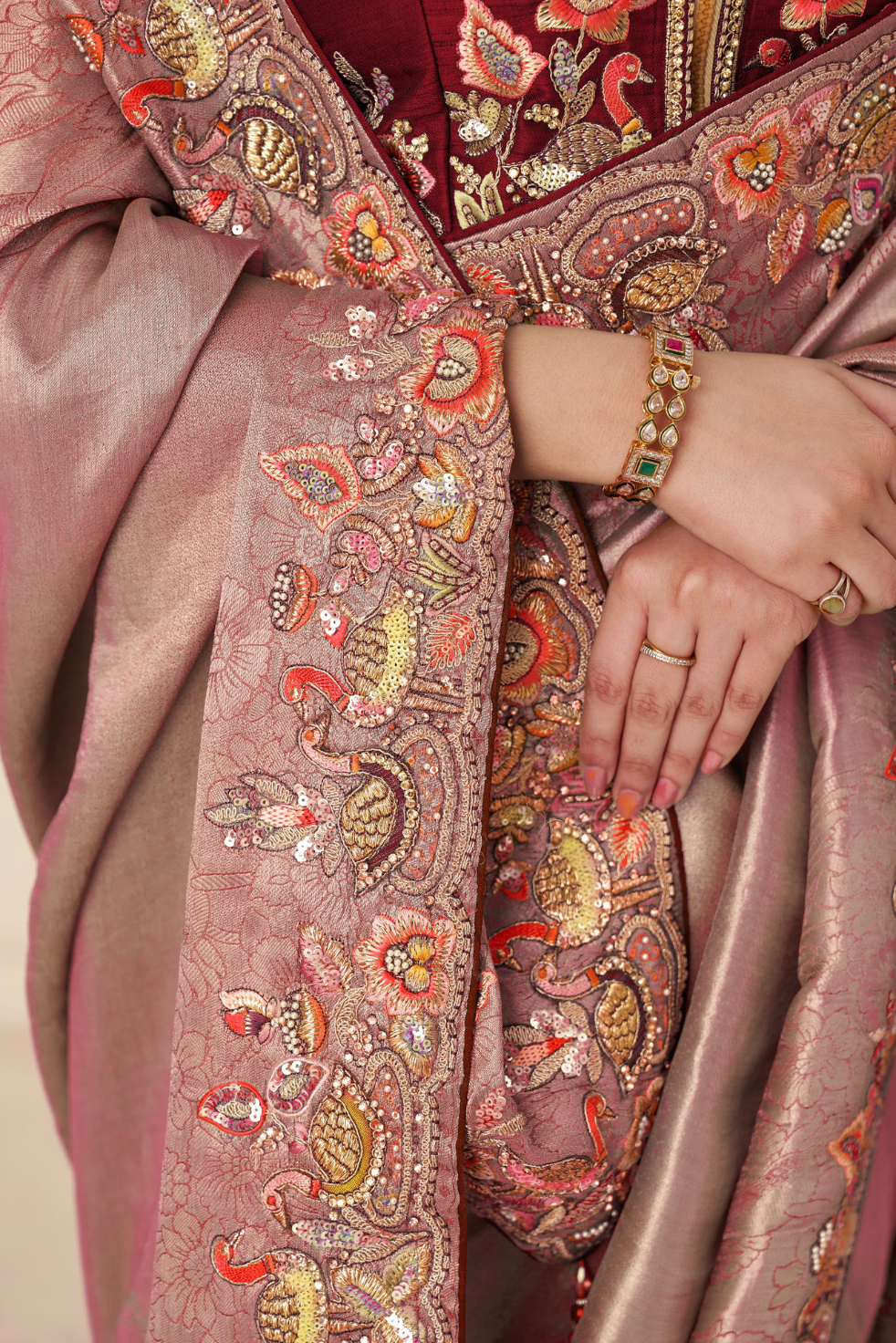 Pretty Pink Color Saree With Multi-thread And Sequins Embroidery For Wedding - qivii