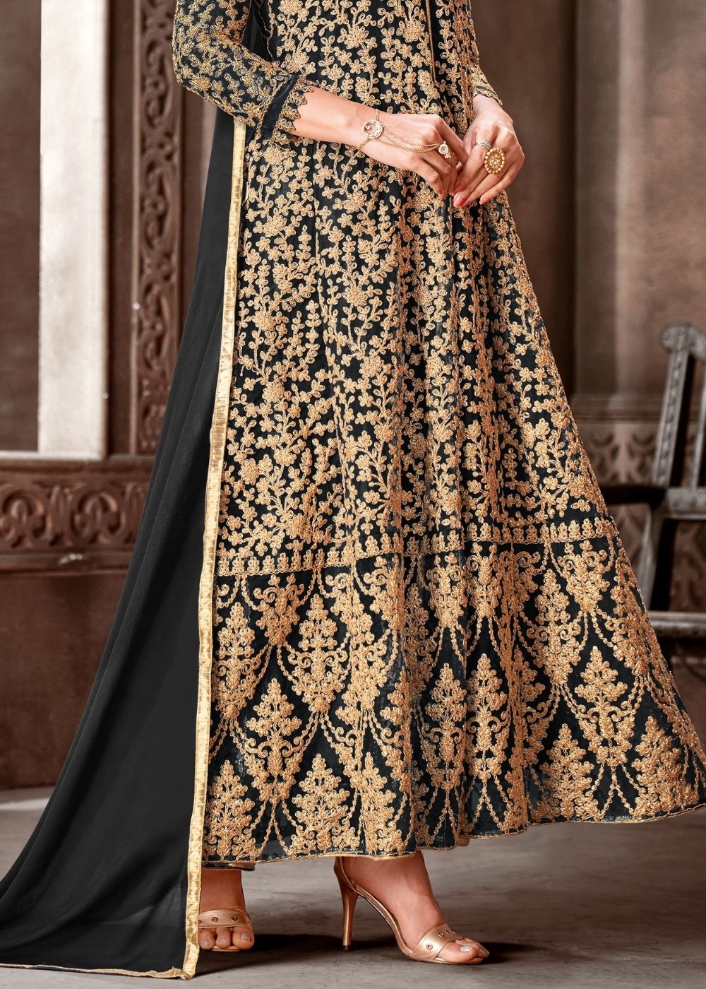 Sable Black Designer Net Anarkali Suit with Full Thread Embroidery Work: Top Pick By Qivii