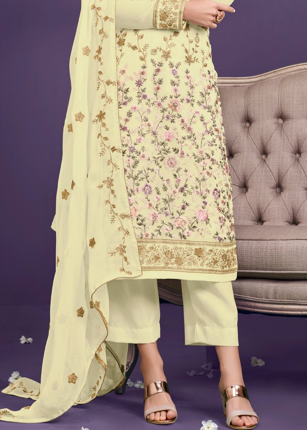 Banana Yellow Georgette Salwar Suit with Thread, Zari & Sequence work By Qivii