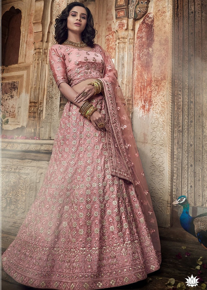 Salmon Pink Satin Lehenga Choli with Gota, Thread, Zarkan and Zari work