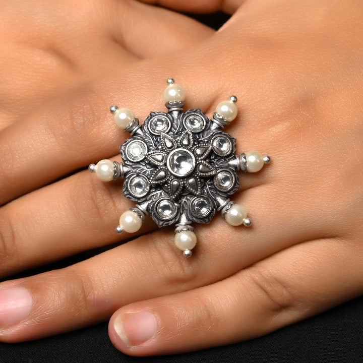 Close-up of Forum Pearl White Oxidized Silver Plated Boutique Ring with intricate details