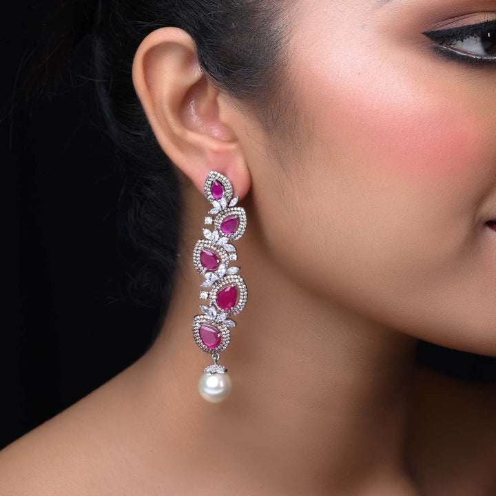 Pihu Ruby American Diamond Silver Plated Pearl Work Earrings