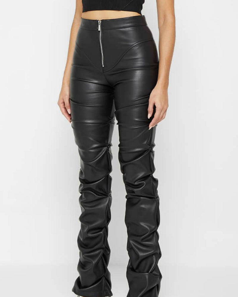 PU Leather Personalized Pleated Flared Pants  - By Qivii