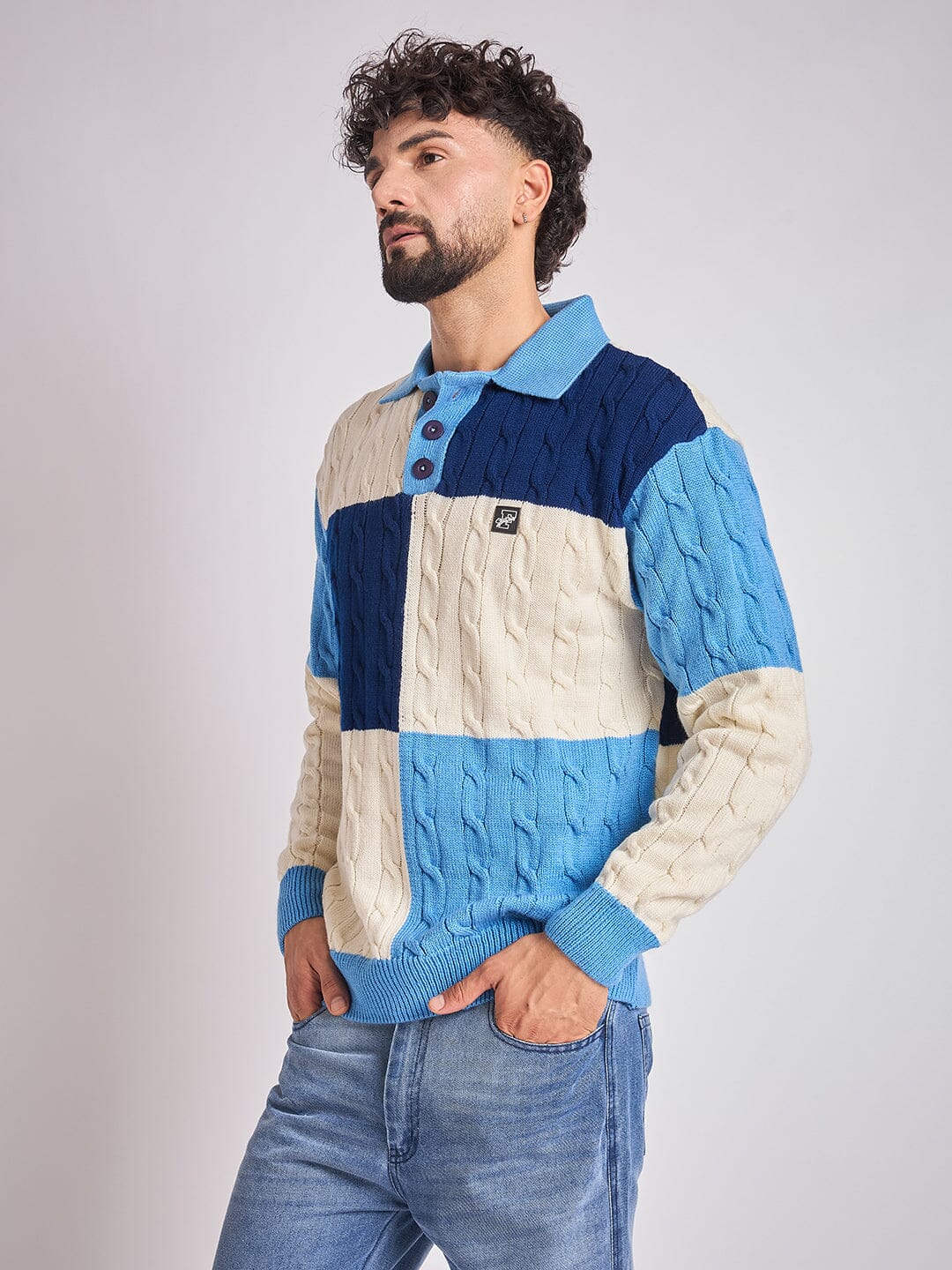 Blue Coloured Blocked Cable Knit Sweater