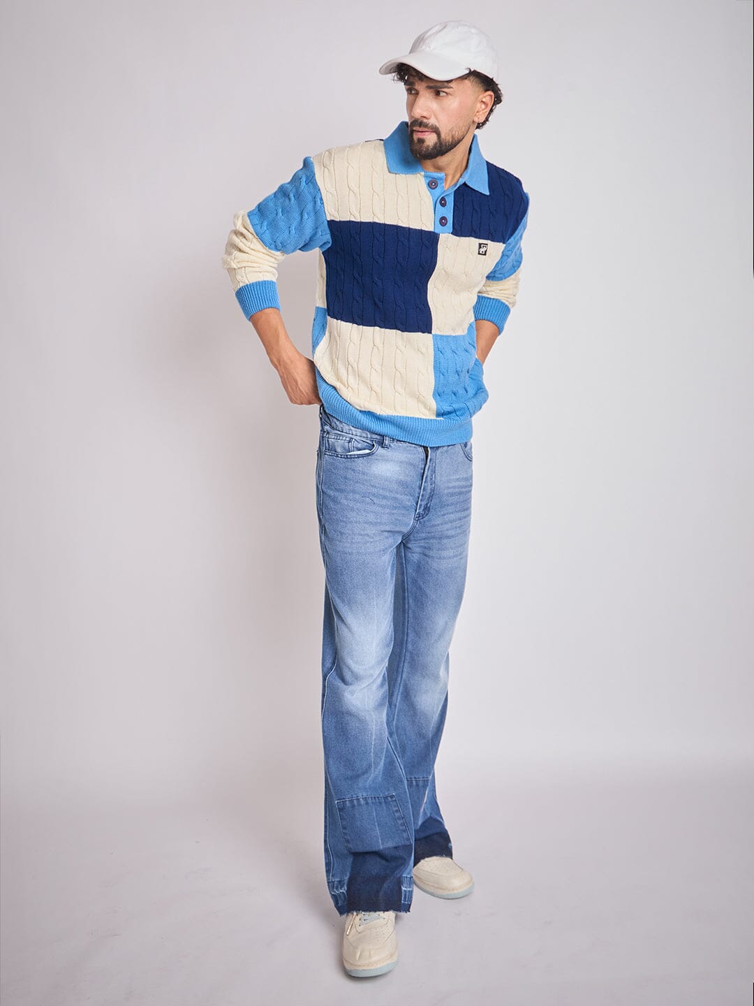 Blue Coloured Blocked Cable Knit Sweater