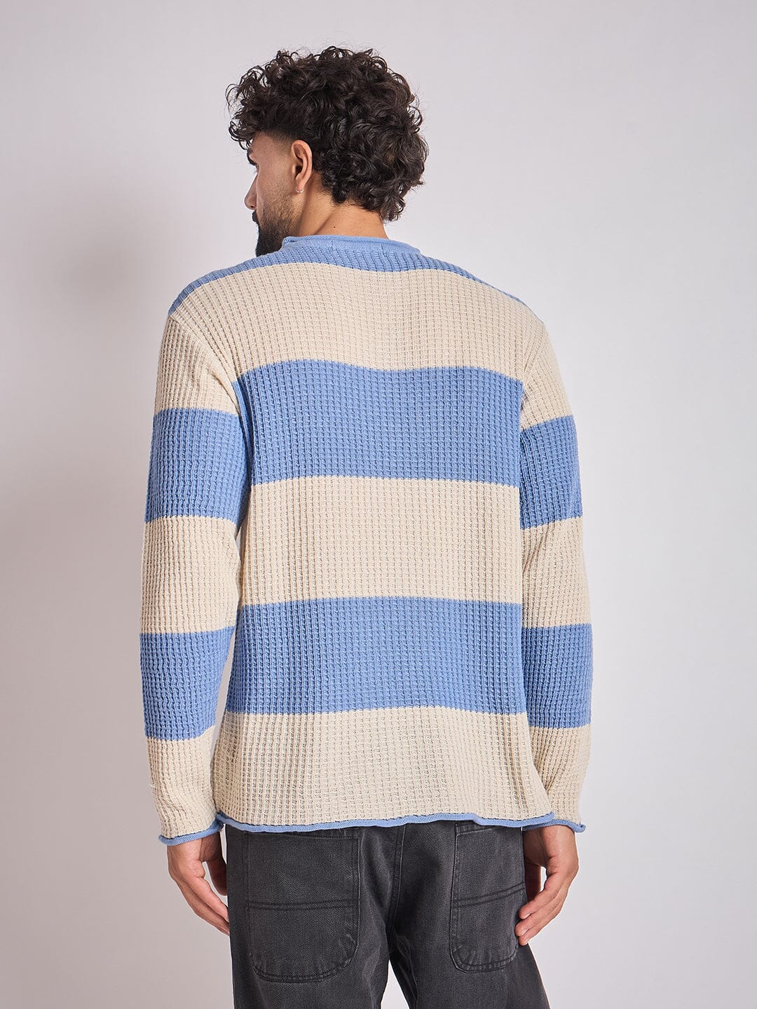 Sky and Cream Striped Raw Edge Sweater