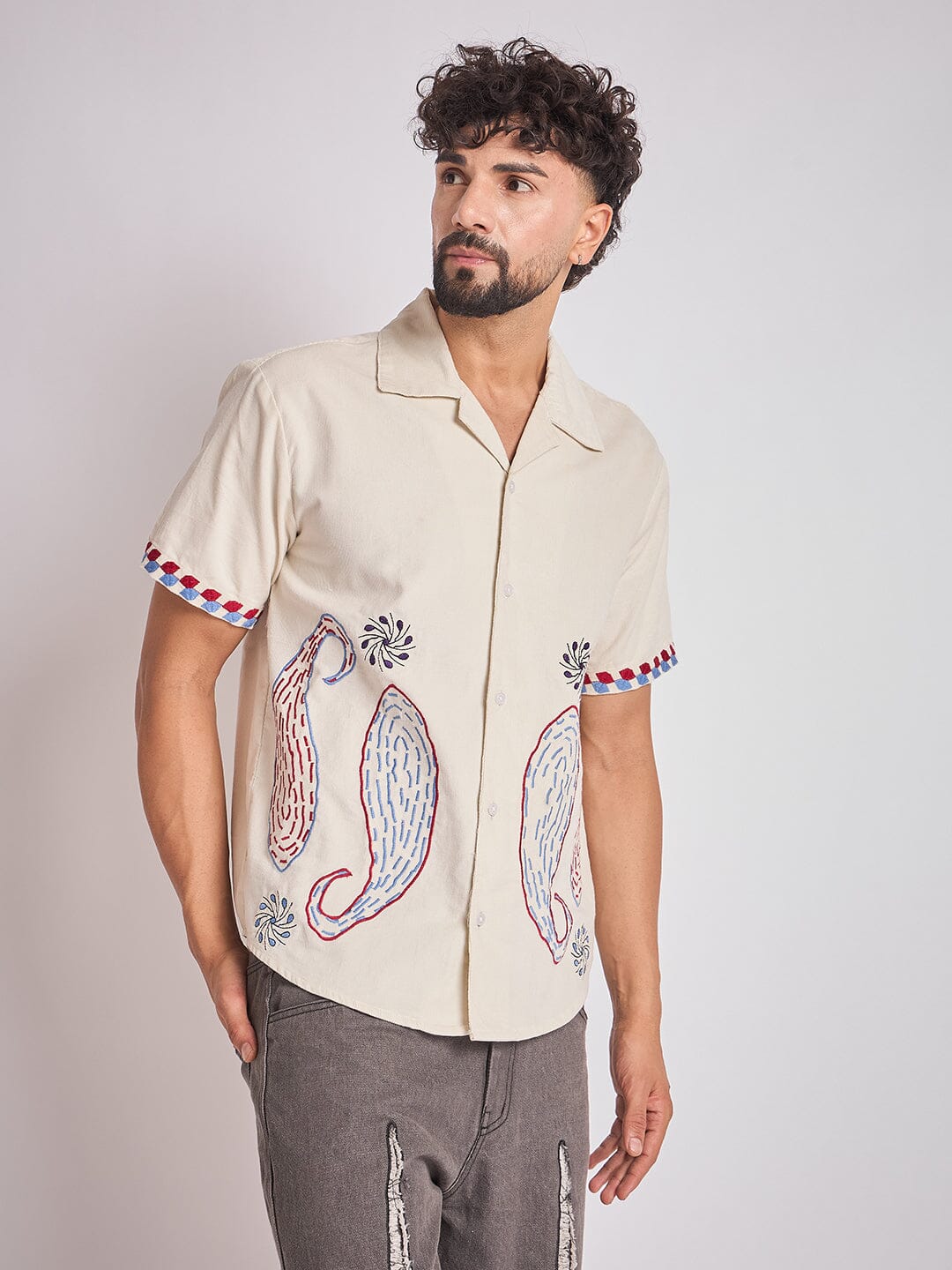 Ecru Paisley Embroidery Cuban Shirt