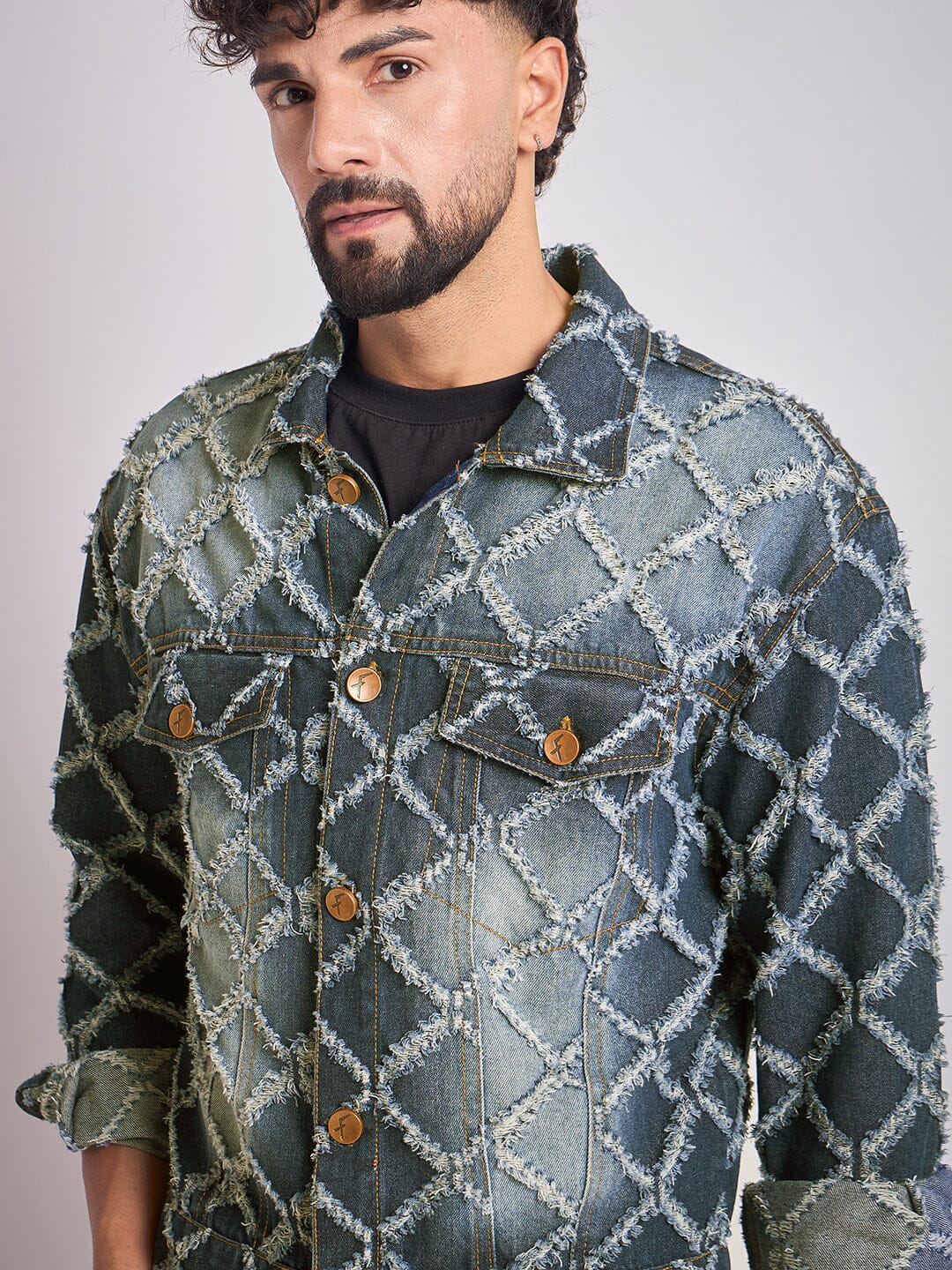 Dark Washed Damaged Patterned Denim Jacket