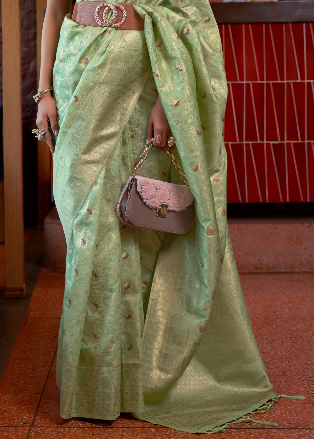 Sage Green Woven Tussar Silk Saree - qivii