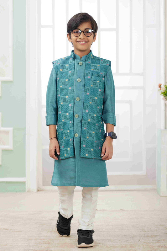 Boy's Rama Green Art Silk Embroidery Jacket Set