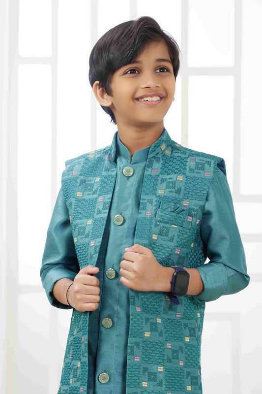 Boy's Rama Green Art Silk Embroidery Jacket Set