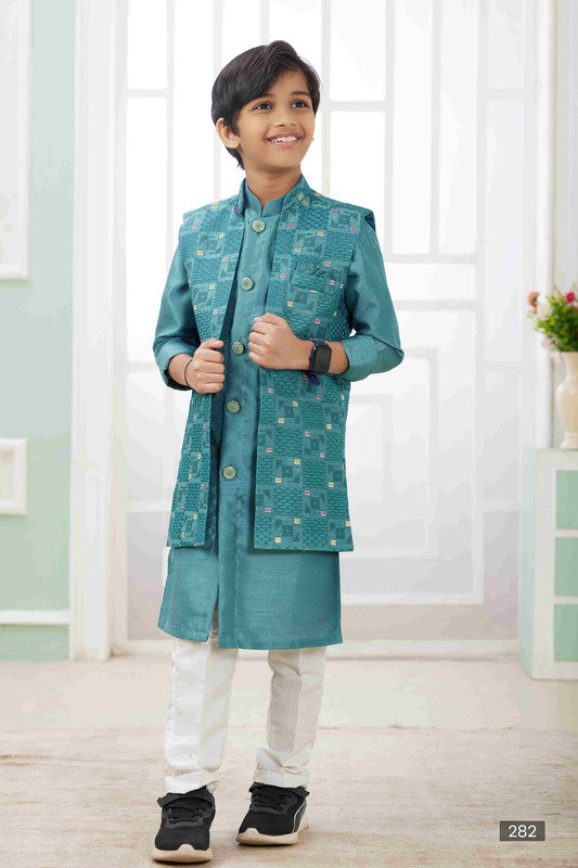 Boy's Rama Green Art Silk Embroidery Jacket Set
