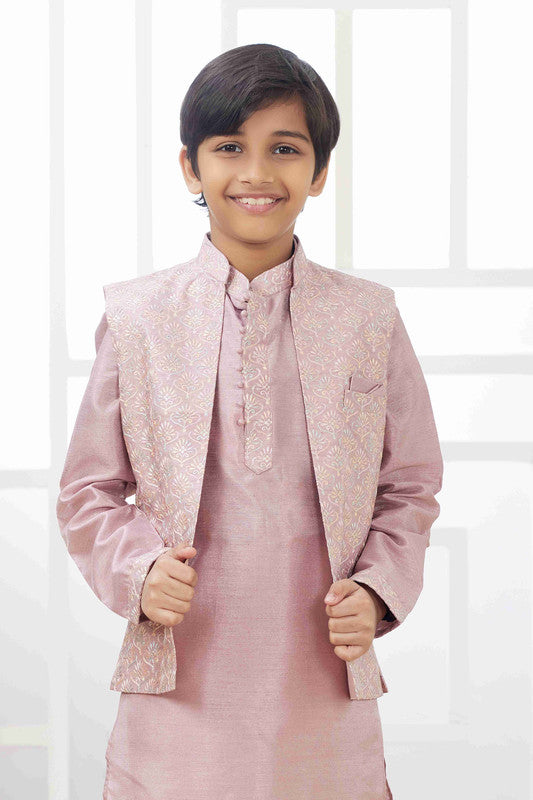 Boy's Onion Pink Art Silk Embroidery Jacket Set
