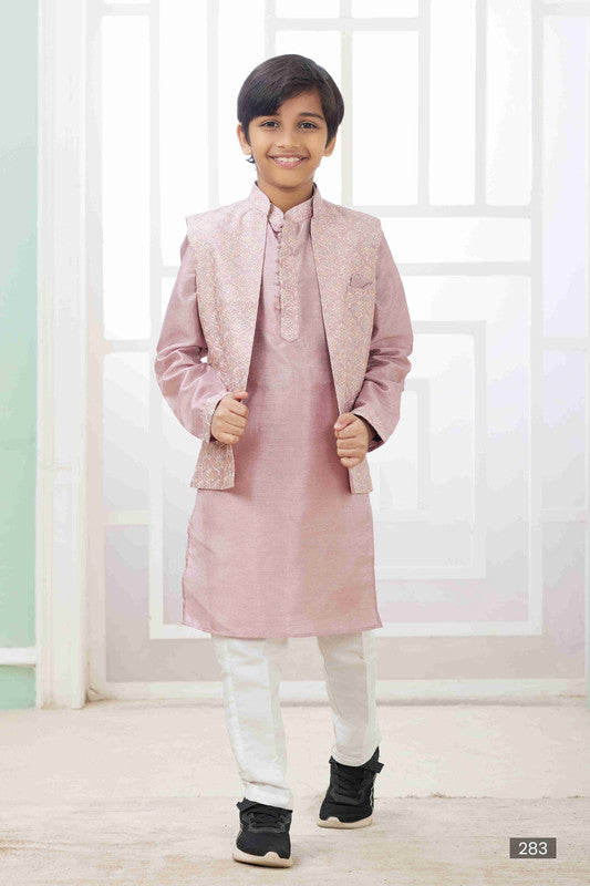 Boy's Onion Pink Art Silk Embroidery Jacket Set