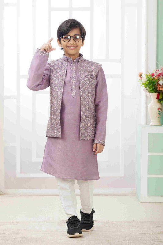 Boy's Dark Onion Pink Art Silk Embroidery Jacket Set