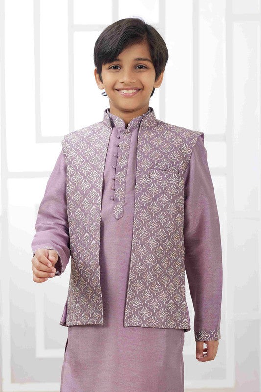 Boy's Dark Onion Pink Art Silk Embroidery Jacket Set