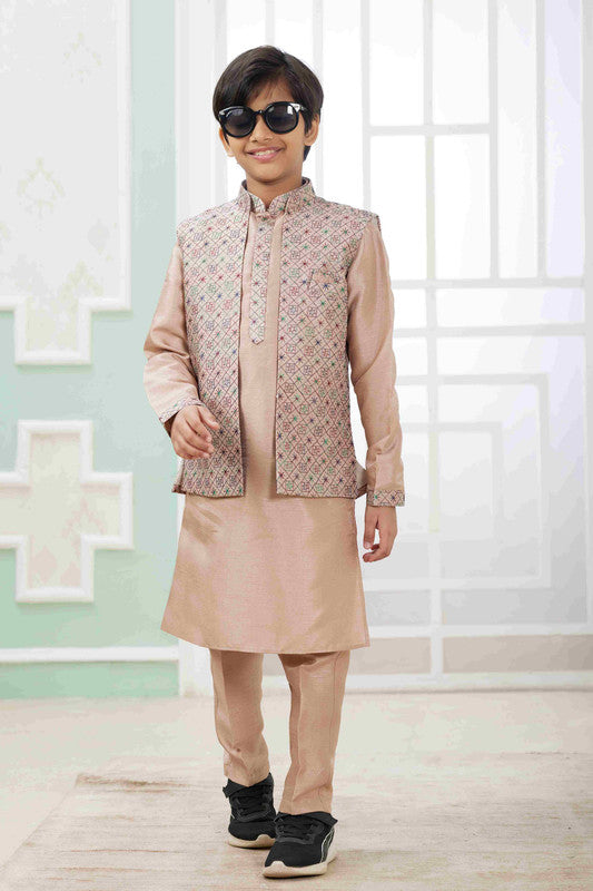 Boy's Peach Art Silk Embroidery Jacket Set