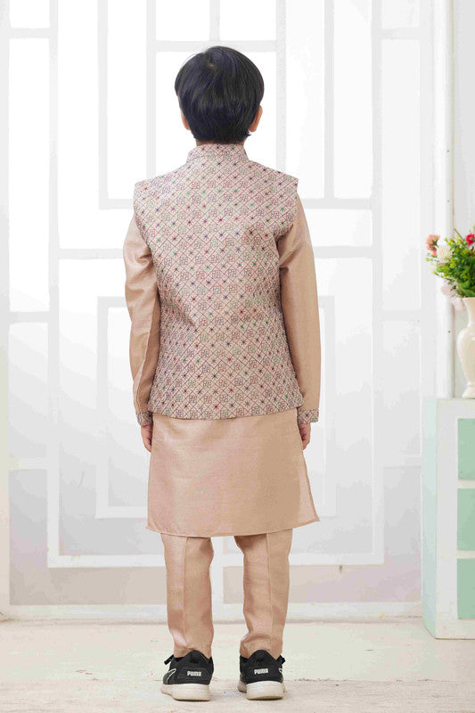 Boy's Peach Art Silk Embroidery Jacket Set