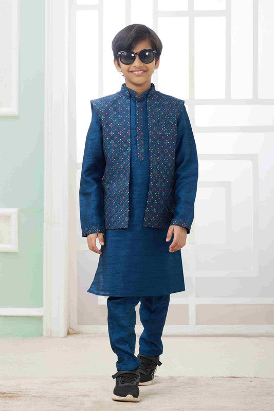 Boy's Teal Blue Art Silk Embroidery Jacket Set