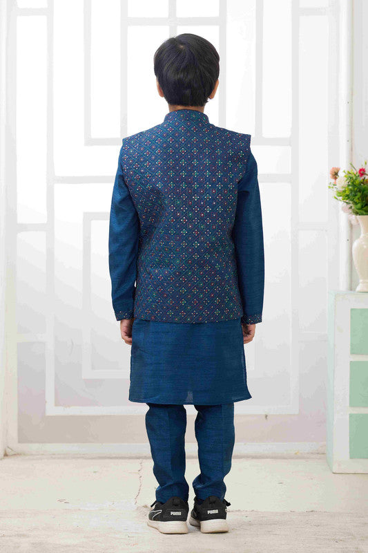 Boy's Teal Blue Art Silk Embroidery Jacket Set