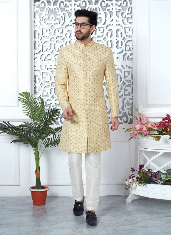Men's Yellow Jacquard Silk Embroidery Indo Western Set