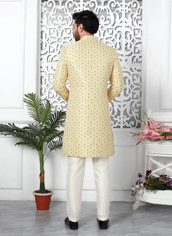 Men's Yellow Jacquard Silk Embroidery Indo Western Set