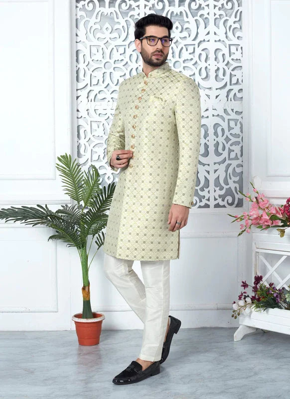 Men's Pista Green Jacquard Silk Embroidery Indo Western Set
